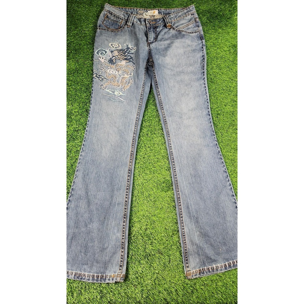MEK‎ Denim Jeans Womens 30 Blue Wash Mid Rise Bootcut Embroidered Dragon USA